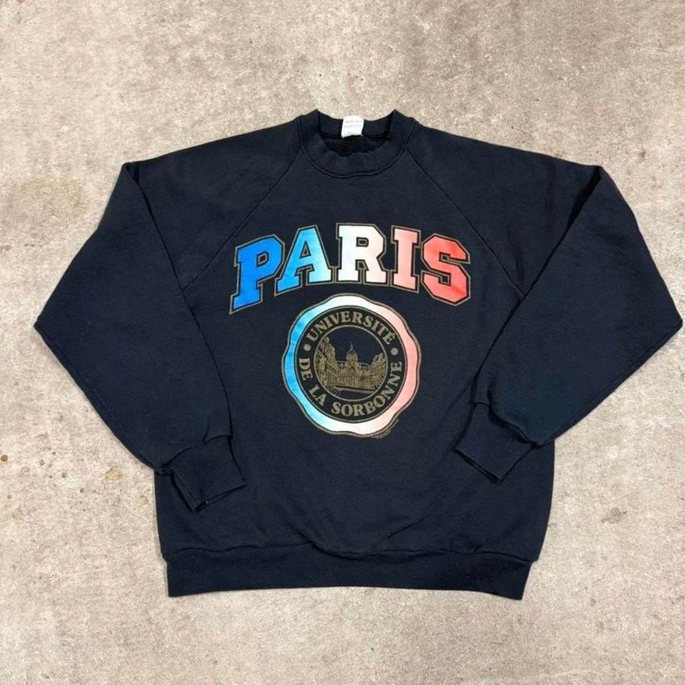 Vintage 90s Paris University Black‎ Crewneck Sweatshirt Large